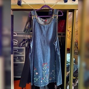 Denim Overall Dress with Floral Embroidery